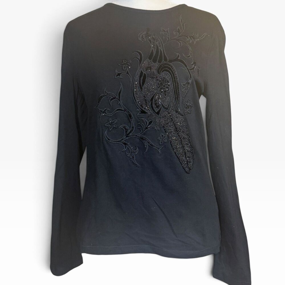 Lauren Jeans Co Ralph Lauren Beaded Peacock Top S Black Long Sleeve Cotton Y2K